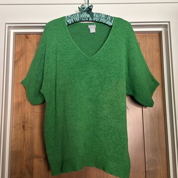 Chico’s Kelly Green Linen blend Sweater Women's 2/L V-Neck Lagenlook Coastal - Picture 1 of 9
